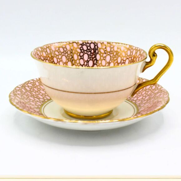 Vintage Victoria C&E Bone China Teacup & Saucer Pink Bubble Pattern Gold Gilt - Picture 2 of 6